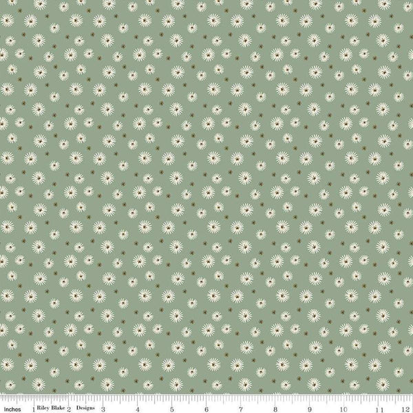 Image of Morning Latte Seedpods Aloe quilting cotton fabric by Sandy Gervais for Riley Blake Designs. Features flowers on a green background. Cute Little Fabric Shop