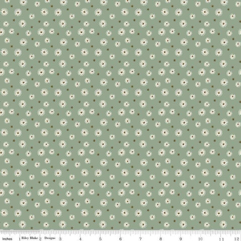 Image of Morning Latte Seedpods Aloe quilting cotton fabric by Sandy Gervais for Riley Blake Designs. Features flowers on a green background. Cute Little Fabric Shop