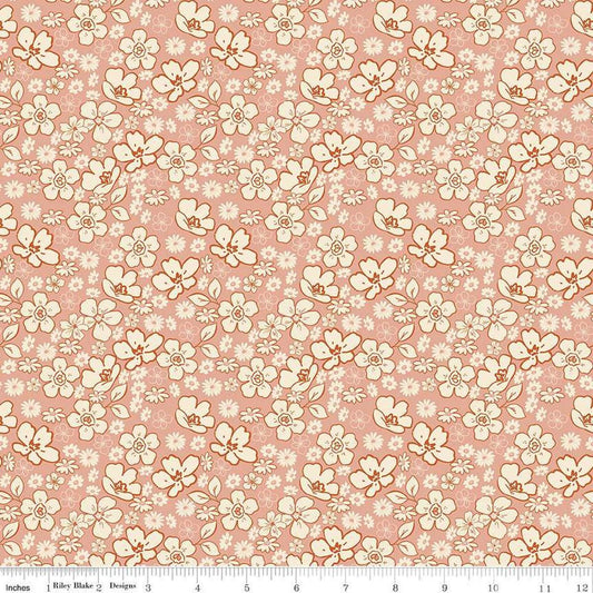Image of Morning Latte Tonal Floral Pink quilting cotton fabric by Sandy Gervais for Riley Blake Designs. Features flowers on a pink background. Cute Little Fabric Shop