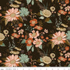 Image of Morning Latte Main Espresso quilting cotton fabric by Sandy Gervais for Riley Blake Designs. Features flowers on a brown background. Cute Little Fabric Shop