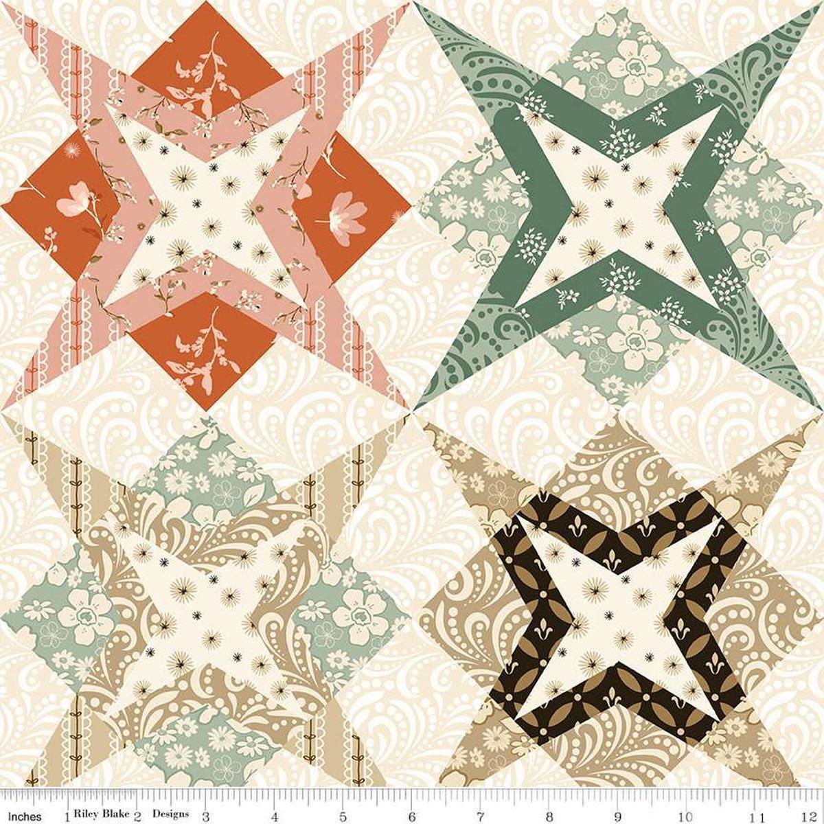 Image of Morning Latte Cheater Print Multi quilting cotton fabric by Sandy Gervais for Riley Blake Designs. Features printed quilt blocks on a cream background. Cute Little Fabric Shop