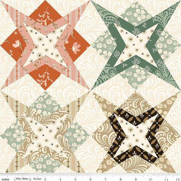 Image of Morning Latte Cheater Print Multi quilting cotton fabric by Sandy Gervais for Riley Blake Designs. Features printed quilt blocks on a cream background. Cute Little Fabric Shop
