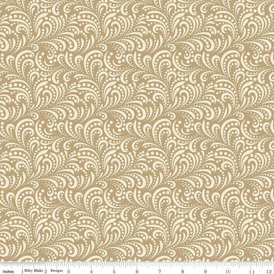 Image of Morning Latte Swirls Camel quilting cotton fabric by Sandy Gervais for Riley Blake Designs. Features swirls on a tan background. Cute Little Fabric Shop