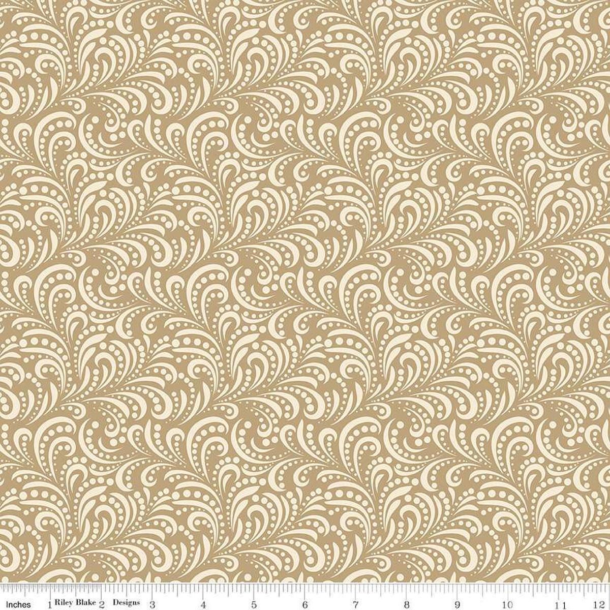 Image of Morning Latte Swirls Camel quilting cotton fabric by Sandy Gervais for Riley Blake Designs. Features swirls on a tan background. Cute Little Fabric Shop