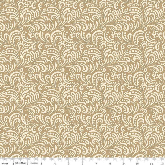 Image of Morning Latte Swirls Camel quilting cotton fabric by Sandy Gervais for Riley Blake Designs. Features swirls on a tan background. Cute Little Fabric Shop