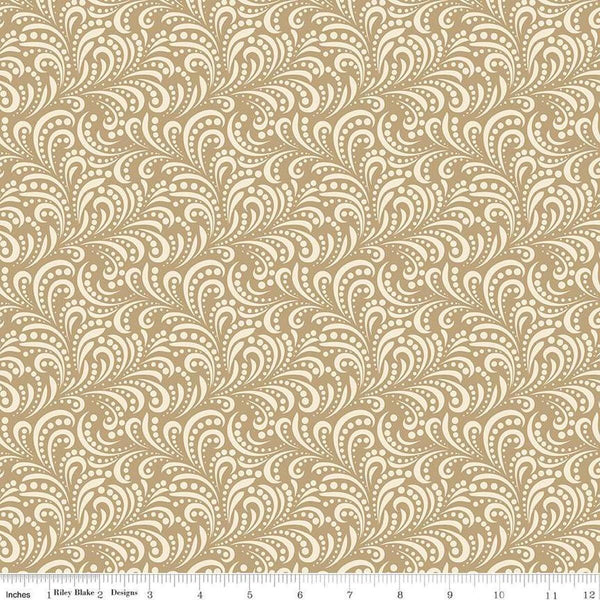 Image of Morning Latte Swirls Camel quilting cotton fabric by Sandy Gervais for Riley Blake Designs. Features swirls on a tan background. Cute Little Fabric Shop