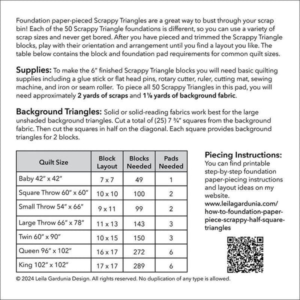 6" Scrappy Triangle Quilt Block Foundation Paper - Moda Fabrics - Paper Piecing Scrappy Friendly 50 Sheets Quilting Blocks