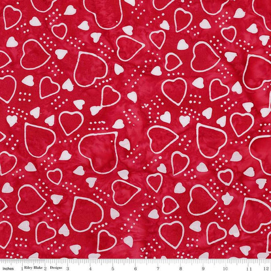 Image of Expressions Batiks Love Punch Sassy quilting cotton fabric by The RBD Designers for Riley Blake Designs. Features hearts on a red background. Cute Little Fabric Shop