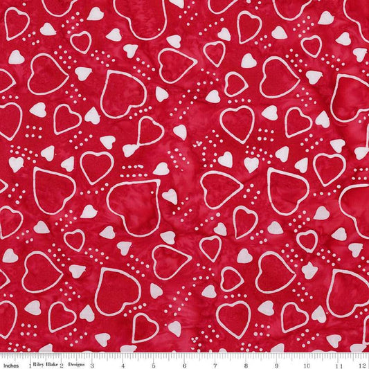 Image of Expressions Batiks Love Punch Sassy quilting cotton fabric by The RBD Designers for Riley Blake Designs. Features hearts on a red background. Cute Little Fabric Shop