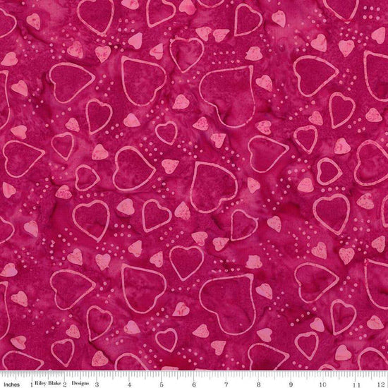 Image of Expressions Batiks Love Punch Berry Persimmon quilting cotton fabric by The RBD Designers for Riley Blake Designs. Features hearts on a pink background. Cute Little Fabric Shop