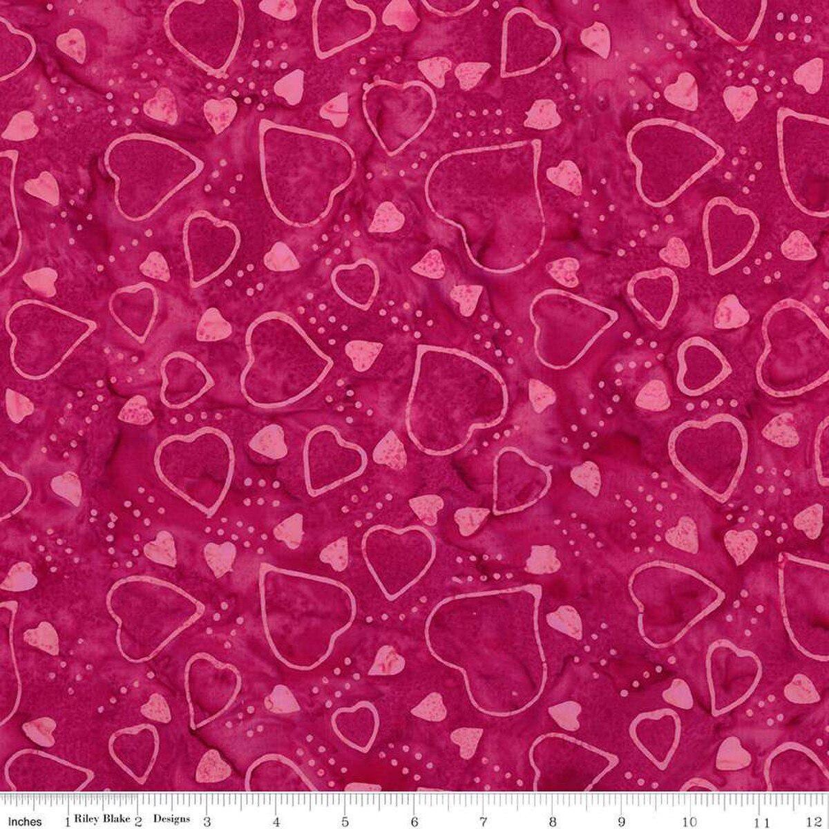 Image of Expressions Batiks Love Punch Berry Persimmon quilting cotton fabric by The RBD Designers for Riley Blake Designs. Features hearts on a pink background. Cute Little Fabric Shop