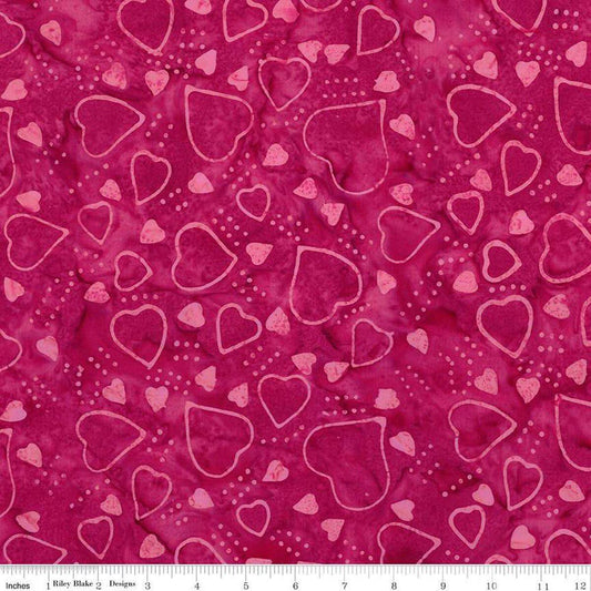 Image of Expressions Batiks Love Punch Berry Persimmon quilting cotton fabric by The RBD Designers for Riley Blake Designs. Features hearts on a pink background. Cute Little Fabric Shop
