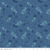 Image of Thomas & Friends™ 80th Anniversary Tonal Toss Denim quilting cotton fabric by Riley Blake Official Licensed Product for Riley Blake Designs. Features train signs on a blue background. Cute Little Fabric Shop