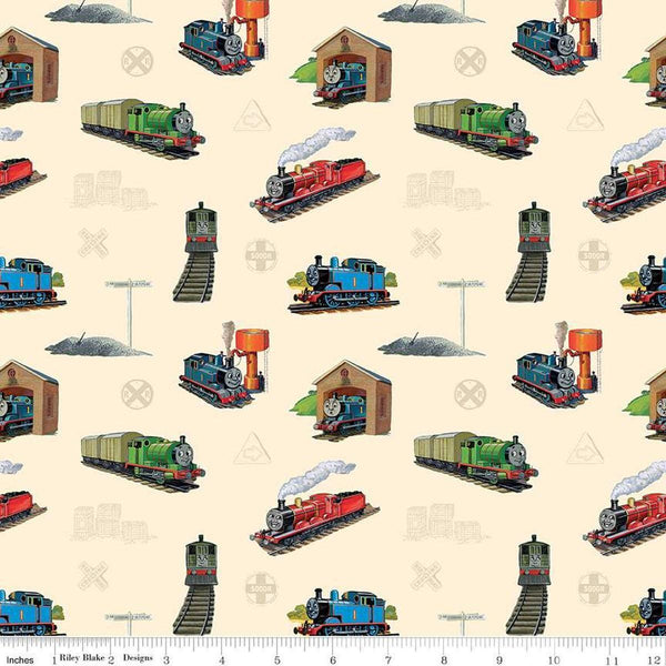 Image of Thomas & Friends™ 80th Anniversary Main Cream quilting cotton fabric by Riley Blake Official Licensed Product for Riley Blake Designs. Features trains on a cream background. Cute Little Fabric Shop