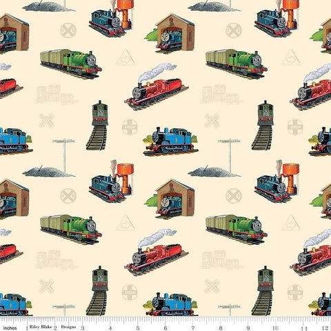 Image of Thomas & Friends™ 80th Anniversary Main Cream quilting cotton fabric by Riley Blake Official Licensed Product for Riley Blake Designs. Features trains on a cream background. Cute Little Fabric Shop