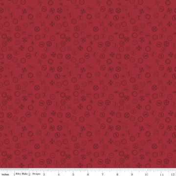 Image of Thomas & Friends™ 80th Anniversary Railroad Signs Red quilting cotton fabric by Riley Blake Official Licensed Product for Riley Blake Designs. Features signs on a red background. Cute Little Fabric Shop