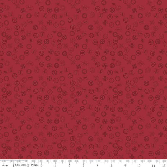 Image of Thomas & Friends™ 80th Anniversary Railroad Signs Red quilting cotton fabric by Riley Blake Official Licensed Product for Riley Blake Designs. Features signs on a red background. Cute Little Fabric Shop