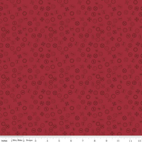 Image of Thomas & Friends™ 80th Anniversary Railroad Signs Red quilting cotton fabric by Riley Blake Official Licensed Product for Riley Blake Designs. Features signs on a red background. Cute Little Fabric Shop