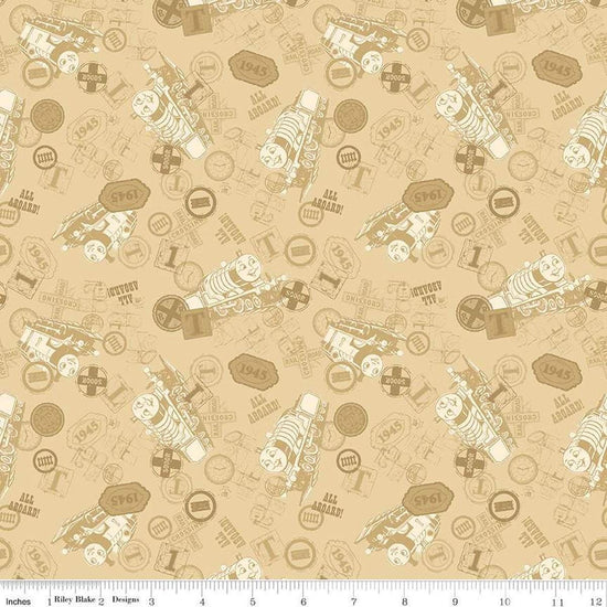 Image of Thomas & Friends™ 80th Anniversary Tonal Toss Flax quilting cotton fabric by Riley Blake Official Licensed Product for Riley Blake Designs. Features train signs on a beige background. Cute Little Fabric Shop