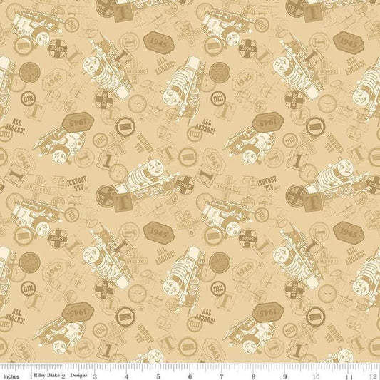 Image of Thomas & Friends™ 80th Anniversary Tonal Toss Flax quilting cotton fabric by Riley Blake Official Licensed Product for Riley Blake Designs. Features train signs on a beige background. Cute Little Fabric Shop