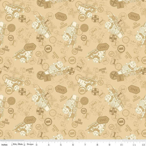 Image of Thomas & Friends™ 80th Anniversary Tonal Toss Flax quilting cotton fabric by Riley Blake Official Licensed Product for Riley Blake Designs. Features train signs on a beige background. Cute Little Fabric Shop