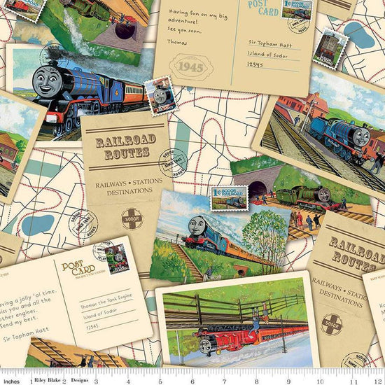 Image of Thomas & Friends™ 80th Anniversary Postcard Toss Multi quilting cotton fabric by Riley Blake Official Licensed Product for Riley Blake Designs. Features postcards on a tan background. Cute Little Fabric Shop