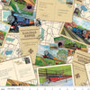 Image of Thomas & Friends™ 80th Anniversary Postcard Toss Multi quilting cotton fabric by Riley Blake Official Licensed Product for Riley Blake Designs. Features postcards on a tan background. Cute Little Fabric Shop