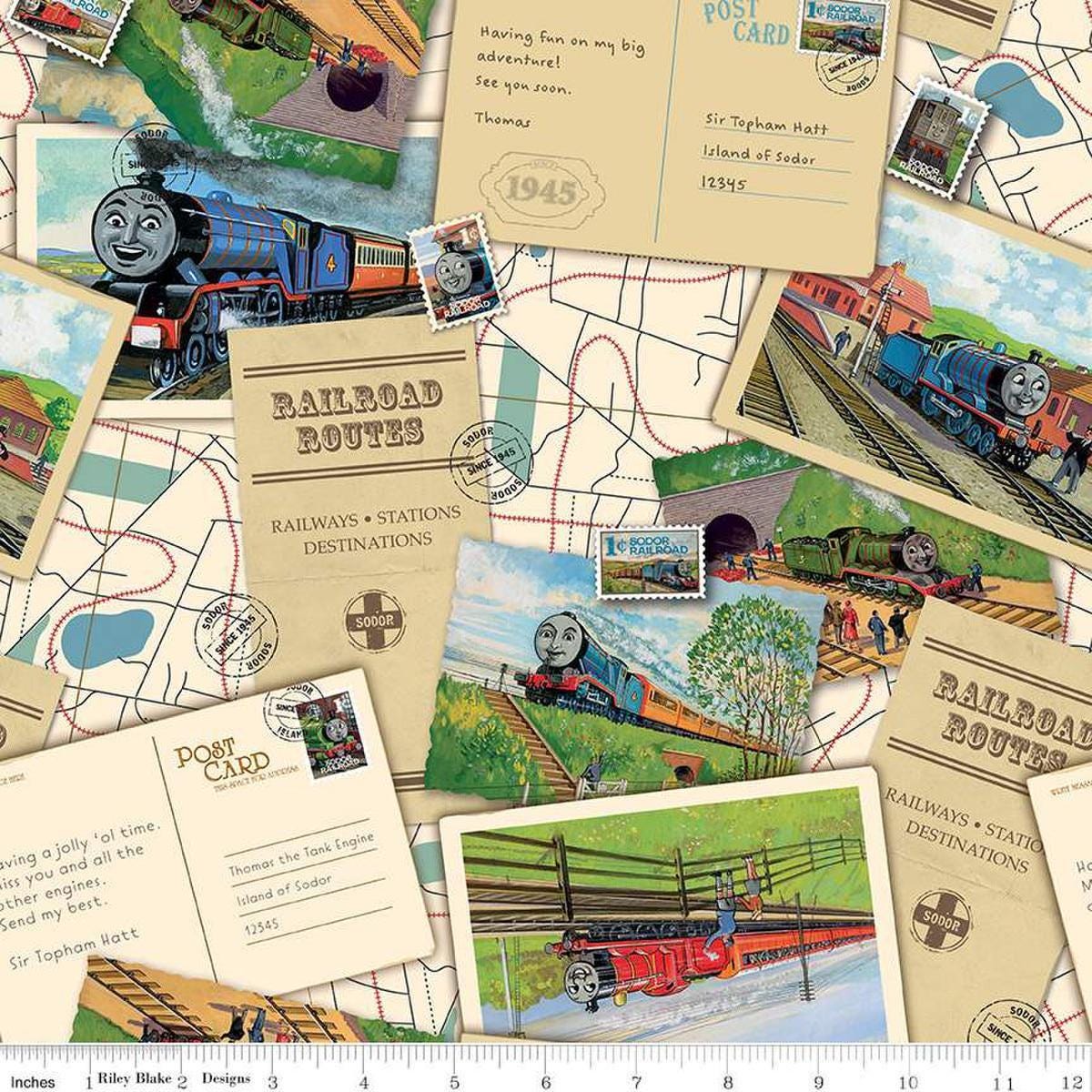 Image of Thomas & Friends™ 80th Anniversary Postcard Toss Multi quilting cotton fabric by Riley Blake Official Licensed Product for Riley Blake Designs. Features postcards on a tan background. Cute Little Fabric Shop