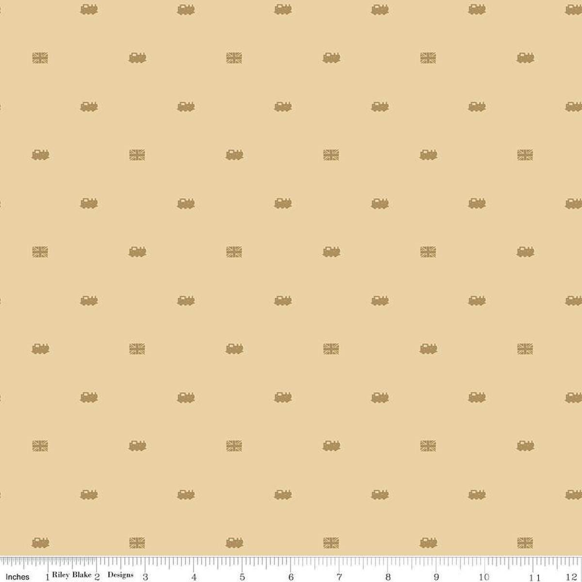 Image of Thomas & Friends™ 80th Anniversary Train Dots Flax quilting cotton fabric by Riley Blake Official Licensed Product for Riley Blake Designs. Features trains on a beige background. Cute Little Fabric Shop