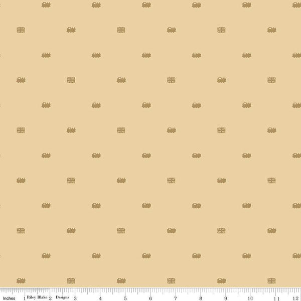 Image of Thomas & Friends™ 80th Anniversary Train Dots Flax quilting cotton fabric by Riley Blake Official Licensed Product for Riley Blake Designs. Features trains on a beige background. Cute Little Fabric Shop
