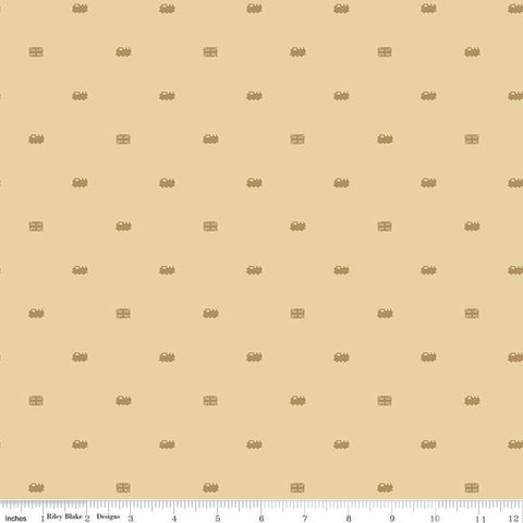 Image of Thomas & Friends™ 80th Anniversary Train Dots Flax quilting cotton fabric by Riley Blake Official Licensed Product for Riley Blake Designs. Features trains on a beige background. Cute Little Fabric Shop