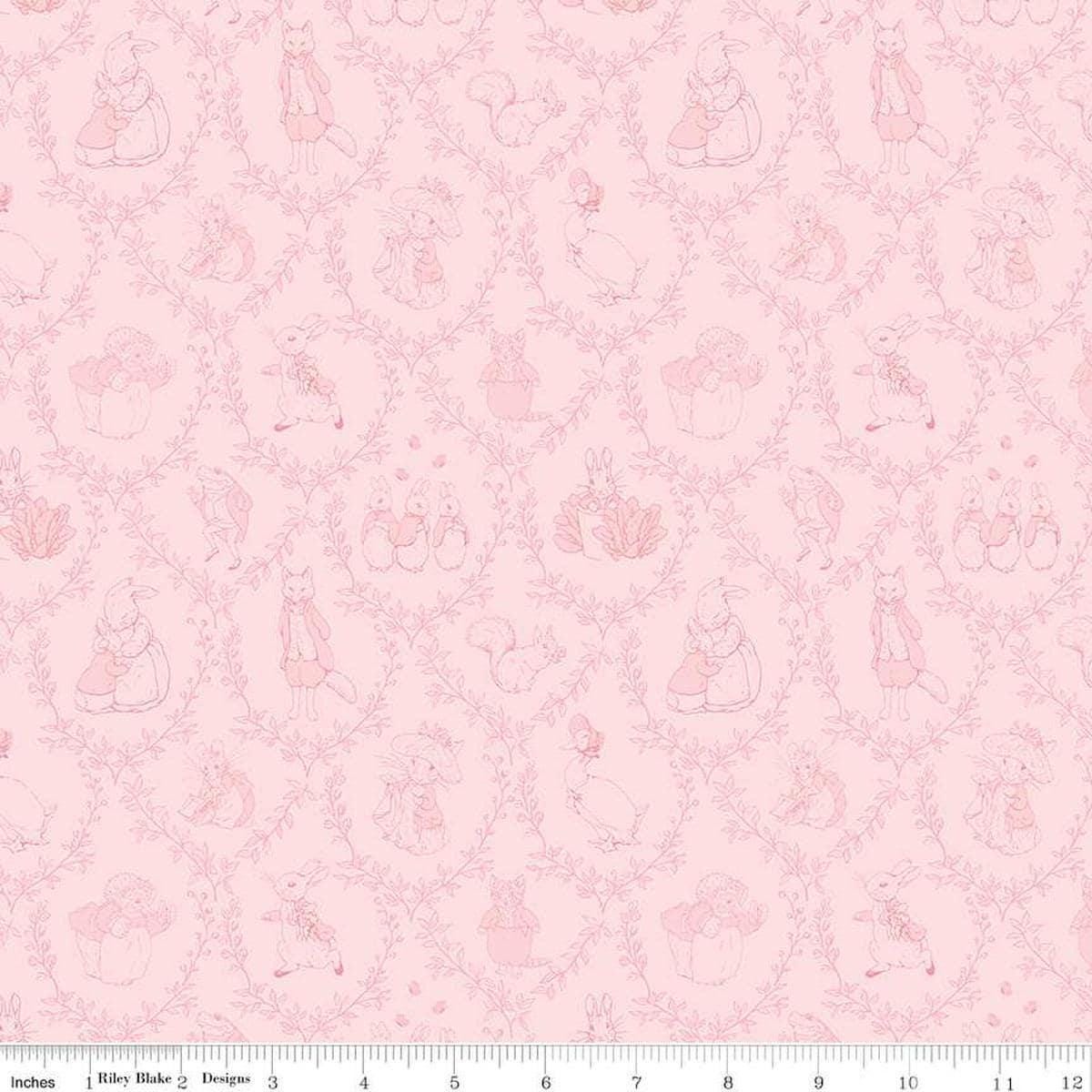 Image of Flannel Peter Rabbit and Friends Tolie Pink flannel cotton fabric by Official Licensed Product for Riley Blake Designs. Features characters on a pink background. Cute Little Fabric Shop