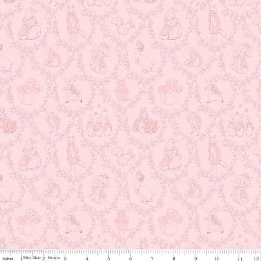 Image of Flannel Peter Rabbit and Friends Tolie Pink flannel cotton fabric by Official Licensed Product for Riley Blake Designs. Features characters on a pink background. Cute Little Fabric Shop