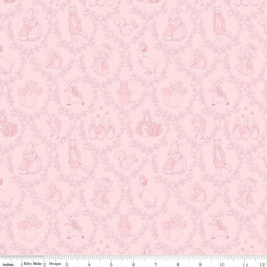 Image of Flannel Peter Rabbit and Friends Tolie Pink flannel cotton fabric by Official Licensed Product for Riley Blake Designs. Features characters on a pink background. Cute Little Fabric Shop