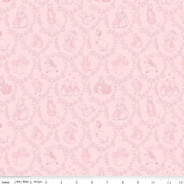 Image of Flannel Peter Rabbit and Friends Tolie Pink flannel cotton fabric by Official Licensed Product for Riley Blake Designs. Features characters on a pink background. Cute Little Fabric Shop