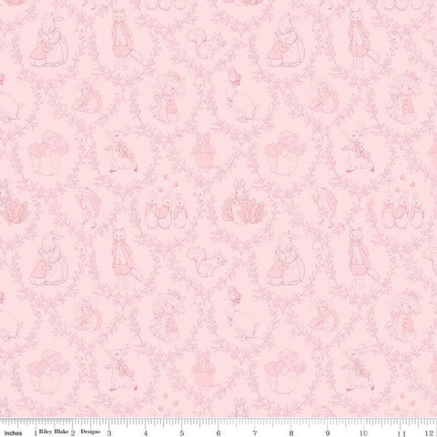 Image of Flannel Peter Rabbit and Friends Tolie Pink flannel cotton fabric by Official Licensed Product for Riley Blake Designs. Features characters on a pink background. Cute Little Fabric Shop