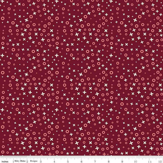 Image of Love You Always XOs Burgundy quilting cotton fabric by Sandy Gervais for Riley Blake Designs. Features hugs and kisses on a red background. Cute Little Fabric Shop