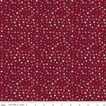 Image of Love You Always XOs Burgundy quilting cotton fabric by Sandy Gervais for Riley Blake Designs. Features hugs and kisses on a red background. Cute Little Fabric Shop