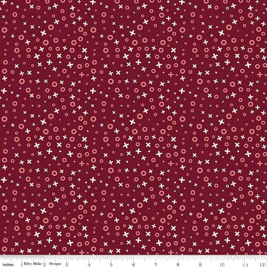Image of Love You Always XOs Burgundy quilting cotton fabric by Sandy Gervais for Riley Blake Designs. Features hugs and kisses on a red background. Cute Little Fabric Shop