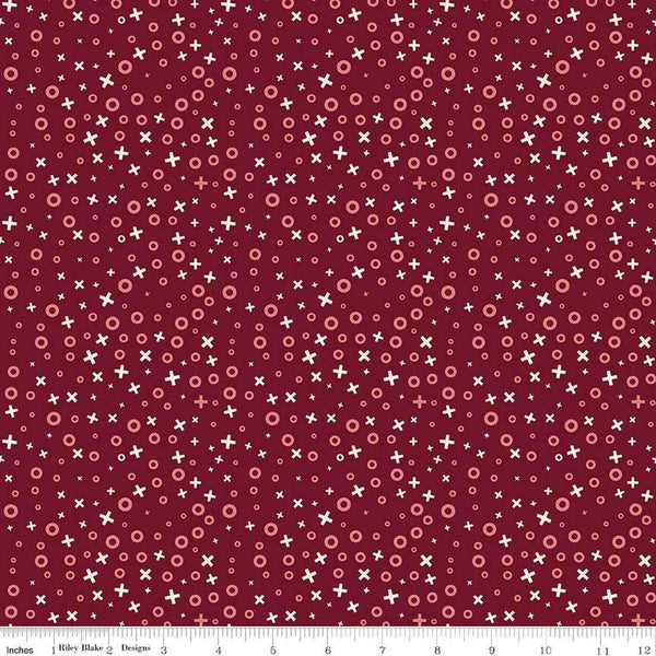 Image of Love You Always XOs Burgundy quilting cotton fabric by Sandy Gervais for Riley Blake Designs. Features hugs and kisses on a red background. Cute Little Fabric Shop