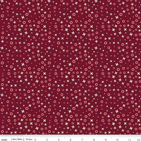Image of Love You Always XOs Burgundy quilting cotton fabric by Sandy Gervais for Riley Blake Designs. Features hugs and kisses on a red background. Cute Little Fabric Shop