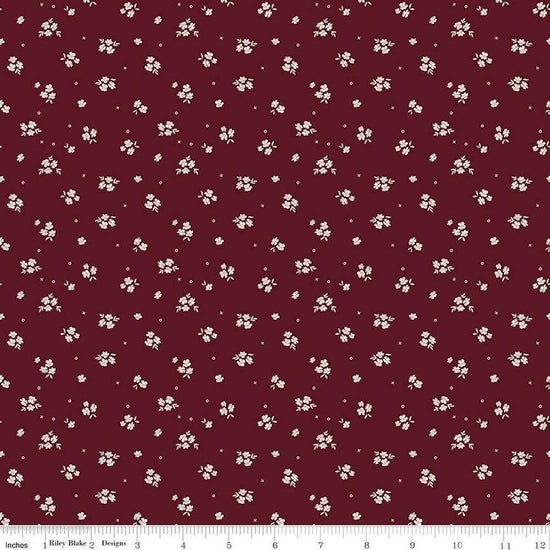 Image of Love You Always Ditsy Maroon quilting cotton fabric by Sandy Gervais for Riley Blake Designs. Features flowers on a red background. Cute Little Fabric Shop