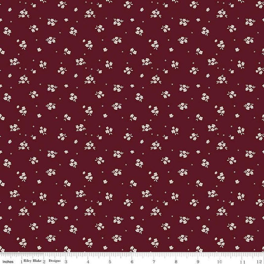 Image of Love You Always Ditsy Maroon quilting cotton fabric by Sandy Gervais for Riley Blake Designs. Features flowers on a red background. Cute Little Fabric Shop
