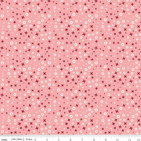Image of Love You Always XOs Coral quilting cotton fabric by Sandy Gervais for Riley Blake Designs. Features hugs and kisses on a pink background. Cute Little Fabric Shop