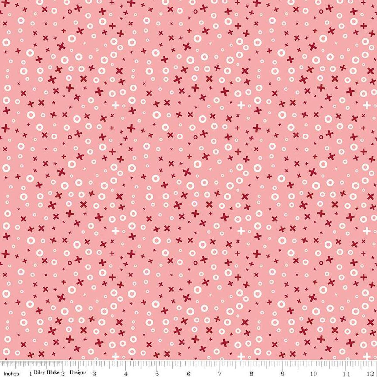 Image of Love You Always XOs Coral quilting cotton fabric by Sandy Gervais for Riley Blake Designs. Features hugs and kisses on a pink background. Cute Little Fabric Shop