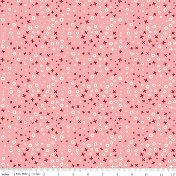 Image of Love You Always XOs Coral quilting cotton fabric by Sandy Gervais for Riley Blake Designs. Features hugs and kisses on a pink background. Cute Little Fabric Shop