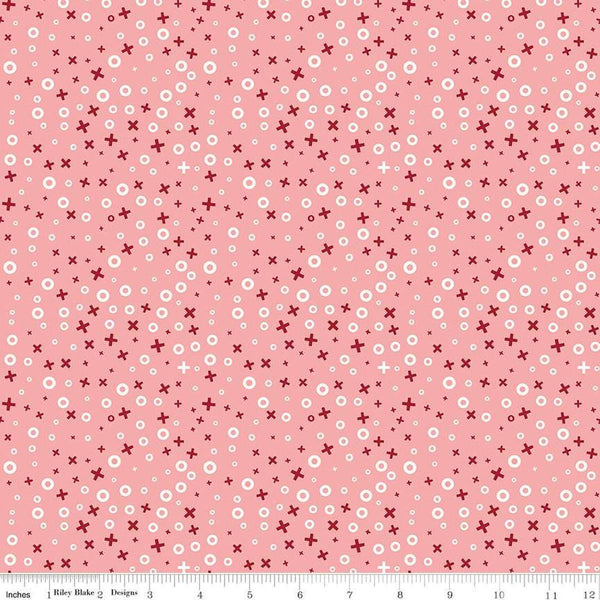Image of Love You Always XOs Coral quilting cotton fabric by Sandy Gervais for Riley Blake Designs. Features hugs and kisses on a pink background. Cute Little Fabric Shop