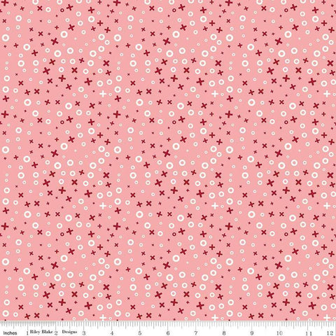 Image of Love You Always XOs Coral quilting cotton fabric by Sandy Gervais for Riley Blake Designs. Features hugs and kisses on a pink background. Cute Little Fabric Shop