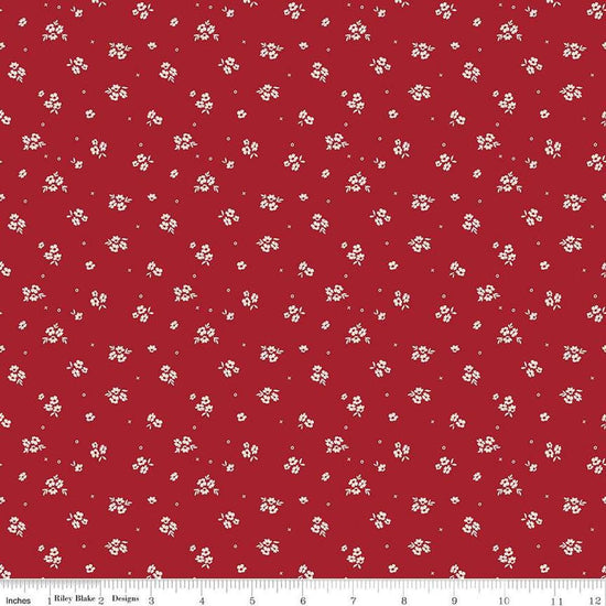Image of Love You Always Ditsy Red quilting cotton fabric by Sandy Gervais for Riley Blake Designs. Features flowers on a red background. Cute Little Fabric Shop