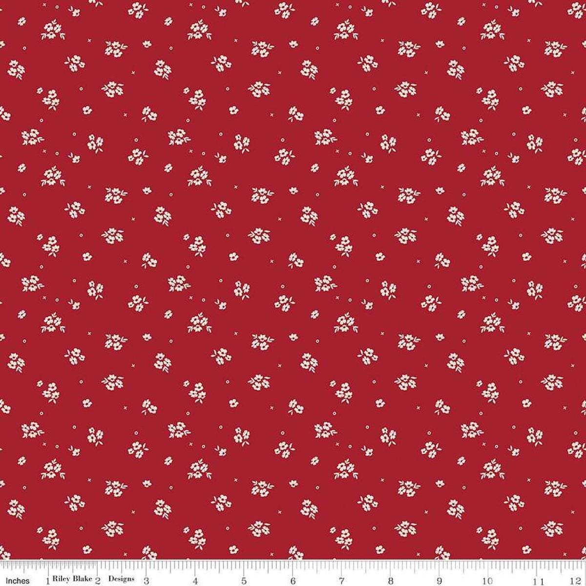 Image of Love You Always Ditsy Red quilting cotton fabric by Sandy Gervais for Riley Blake Designs. Features flowers on a red background. Cute Little Fabric Shop